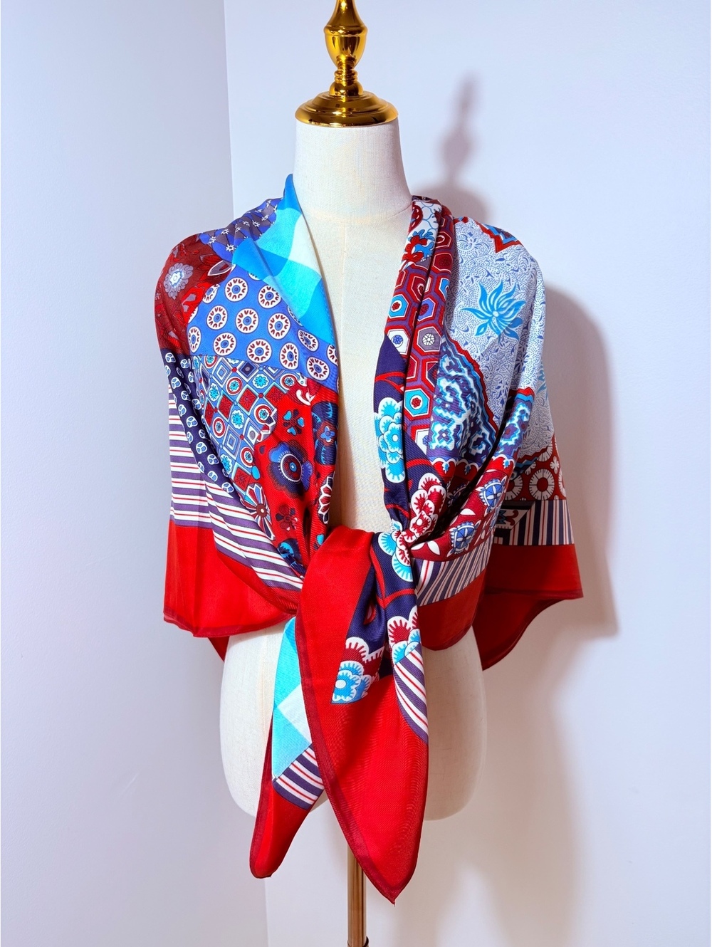 Large Vibrant Patchwork Polyester Scarf in Red, Blue, and White